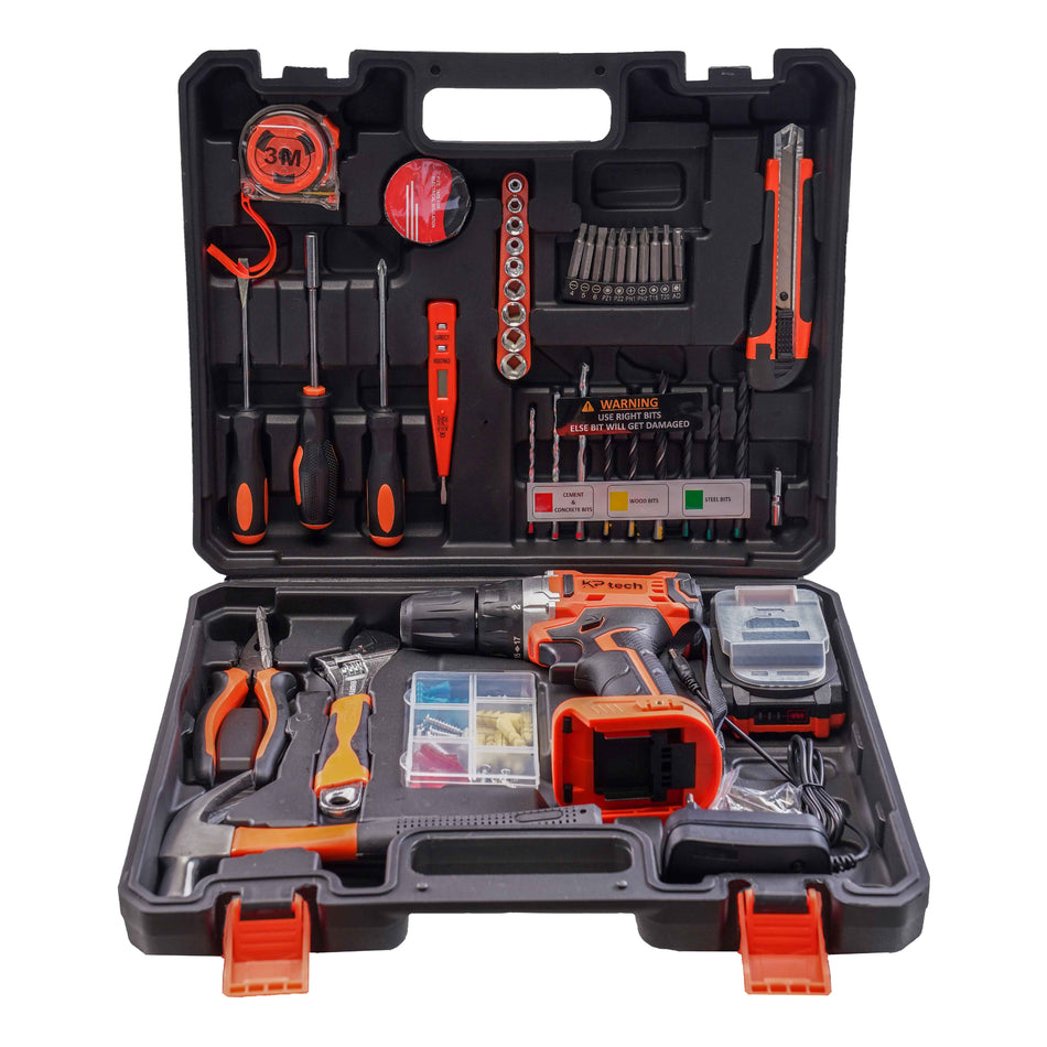 KP Tech Professional Tool Kit with 20V Cordless Impact Drill, 10mm Keyless Chuck|2.0 Ah Battery & Charger| 17+1 Torque Setting | 2 Speed with 35 NM Torque | 105 Pcs Home Essential Tools/Accessories