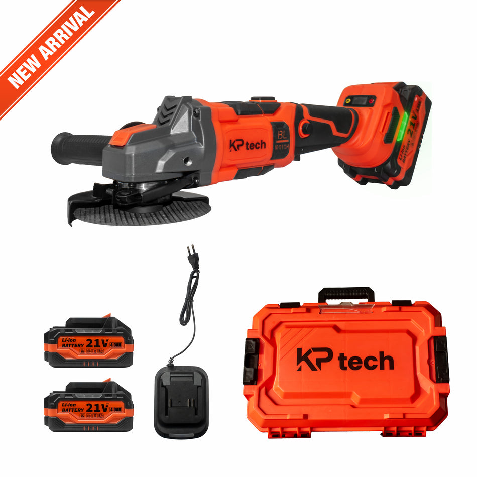 KP Tech Cordless Angle Grinder | 21V | 5000-9000 RPM Speed | 100MM Disc Diameter | Digital Display Speed Function | 2 Pcs 2.0 Ah Battery | 1 Pcs Charger | 1 Pcs Disc Wheel Guard | 1 Pcs Side Handle