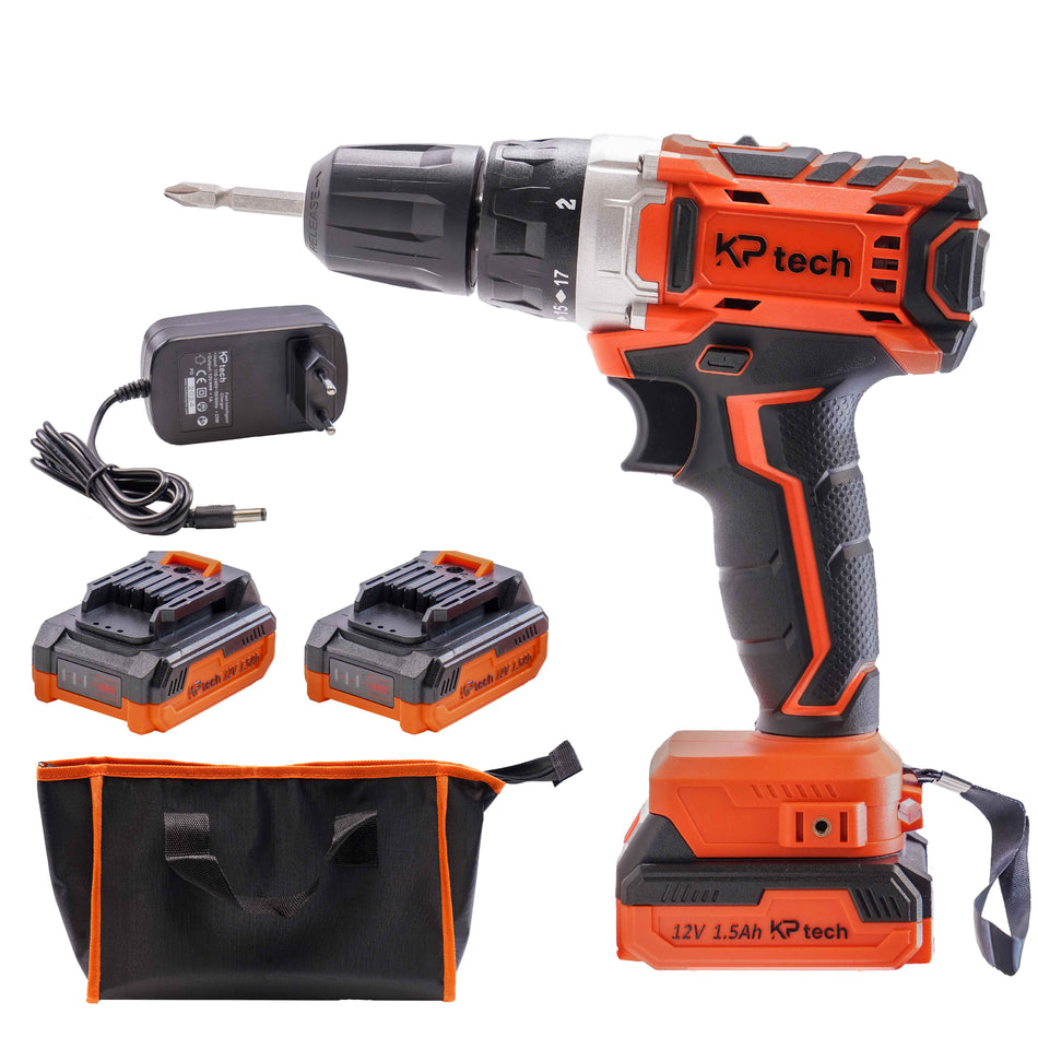 KP Tech Cordless Drill | 12V | 0-1450 RPM Speed | 25NM Torque | 1-10MM Chuck Capacity | With Spindle Lock | 17+1 Torque Settings | 2 Pcs 1.5Ah Battery | 1 Pcs Charger | 1 Pcs CR-V 65MM Bit