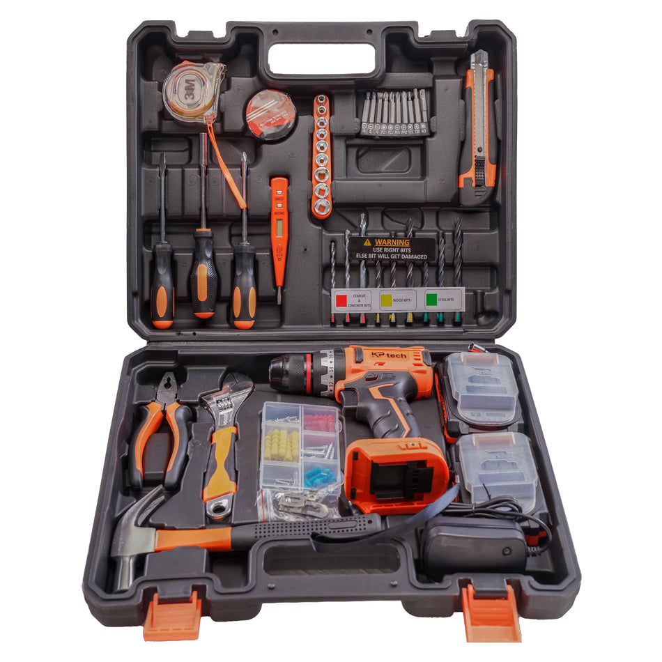 KP Tech Professional Tool Kit with 20V Cordless Impact Drill, 10mm Keyless Chuck|2.0 Ah Battery & Charger| 20+1+1 Torque Setting | 2 Speed with 45 NM Torque | 106 Pcs Home Essential Tools/Accessories