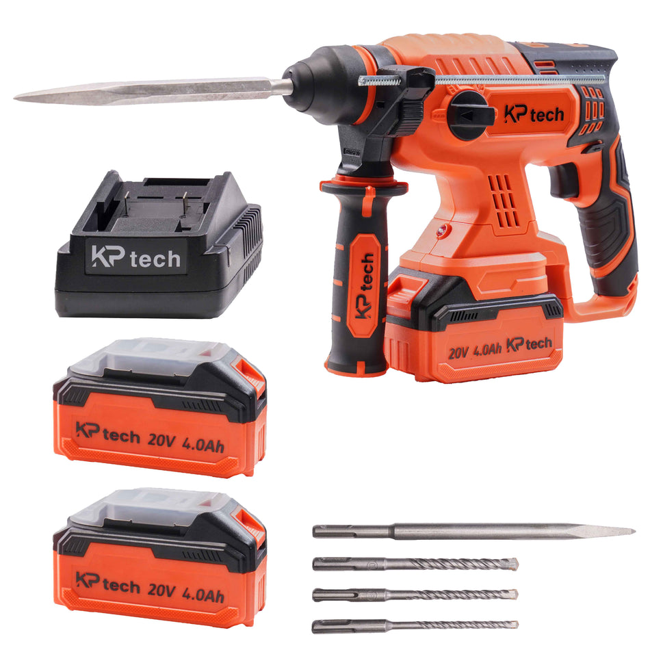 KP Tech Cordless Rotary Hammer | 20V | 0-1400 RPM Speed | 1-10MM SDS Chuck | 2.0J Impact Force | 4 Function Button | 0-6000 BPM Impact Rate | 2 Pcs 4.0Ah Battery | 3 Pcs Drill Bits & 1 Pcs Chisel