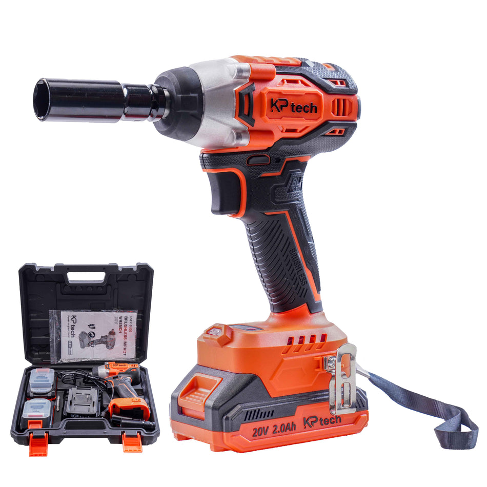 KP tech 20V 2 in 1 Cordless Impact Wrench+Screw Driver, Brushless 320NM Impact Wrench With 3 Speed and Auto Stop Function | 2 Li-Ion Batteries | 1 Charger | 3 Long Socket | 1 Screw bit with BMC box